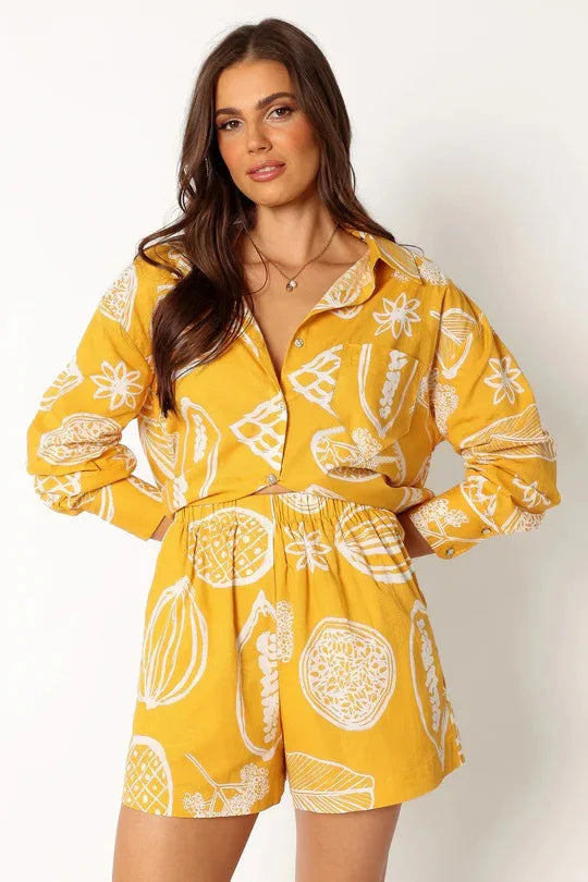 Summer Flip Collar Printed Single Breasted Shirt Shorts Two Piece