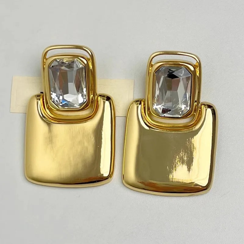 Vintage Metal Square Geometric Crystal Large Earrings
