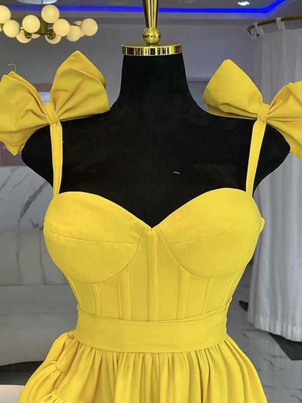 Elegant Long Bow Spaghetti Strap Light Yellow Dress