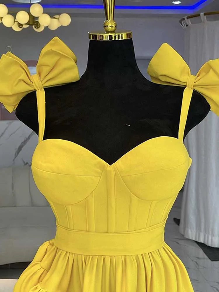 Elegant Long Bow Spaghetti Strap Light Yellow Dress