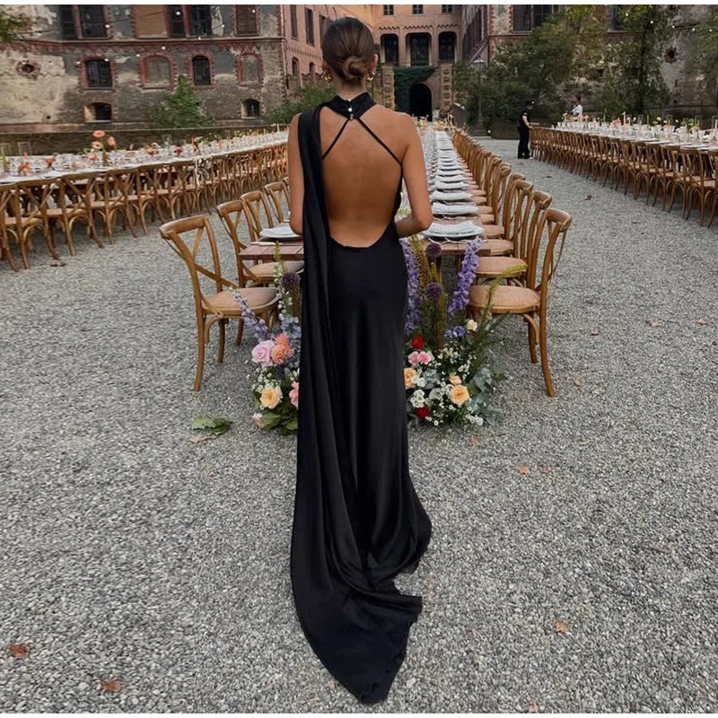 Elegant Solid Ribbon Off Shoulder Sleeveless Backless Slim Dress