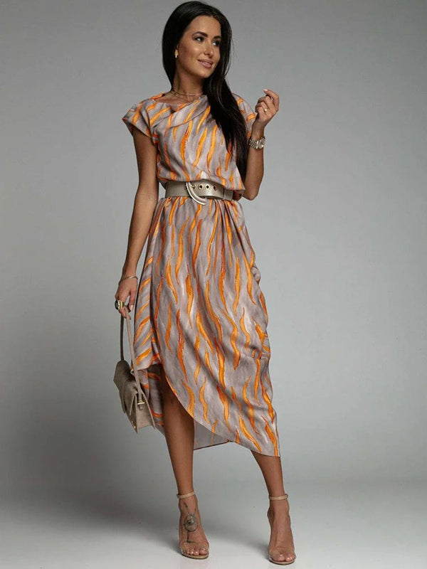 Elegant Inclined Shoulder Irregular Stripe Print Short Sleeve Casual No Belt