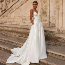 Elegant Long V Neck Satin Sleeveless with Bow A Line Dress