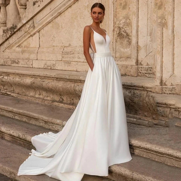Elegant Long V Neck Satin Sleeveless with Bow A Line Dress