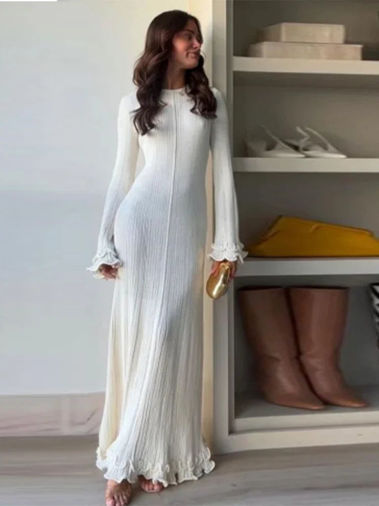 Elegant Ruffle Hem Knit White  O-neck Long Sleeve Backless Dress