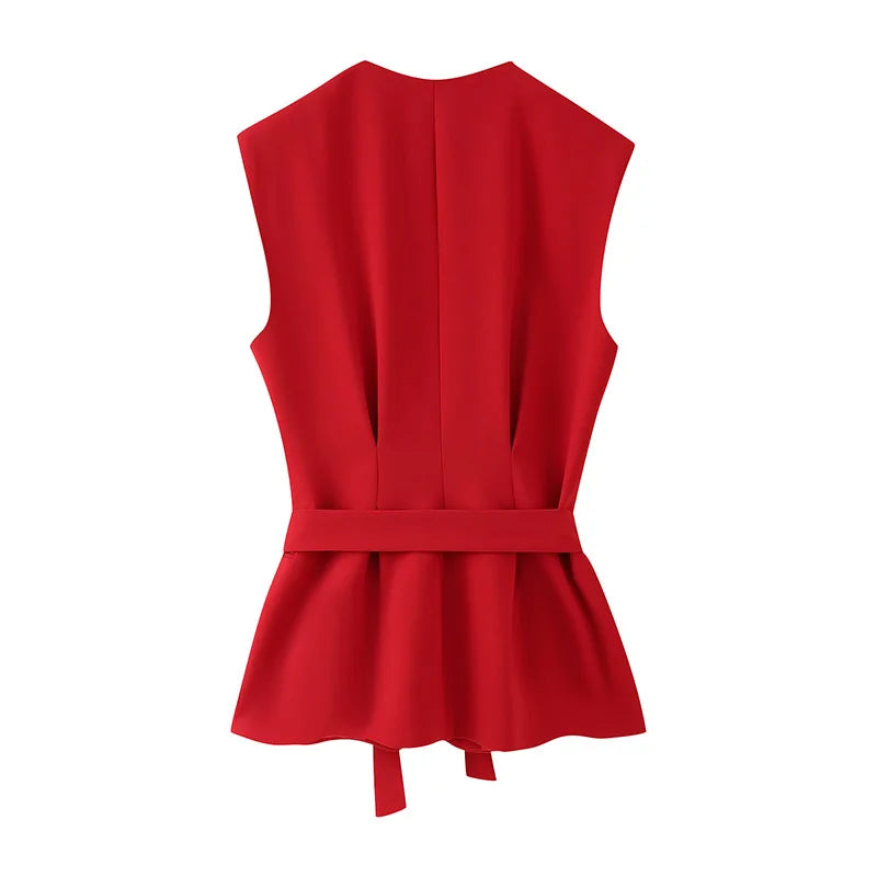 Sleeveless Lace Up V-Neck Vest Top Pleat Zip High Waist