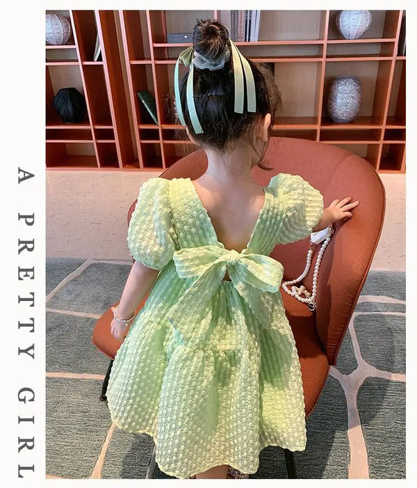 Short Sleeve Open Back Bow Princess Dress