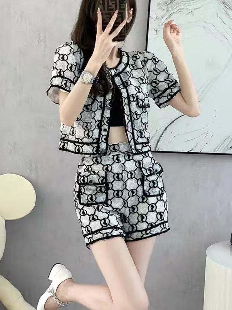 Retro Single-Breasted Short Coat + High Waist Slim Shorts