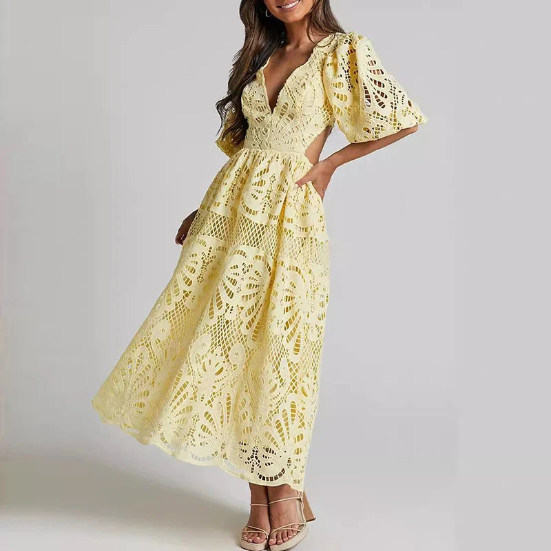 Causal Half Sleeves Deep V-neck Hollow Out Long Dress