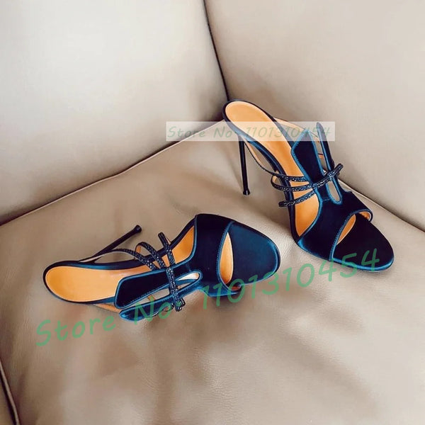Elegant Rhinestone Slippers Stylish Blue Suede Open Toe