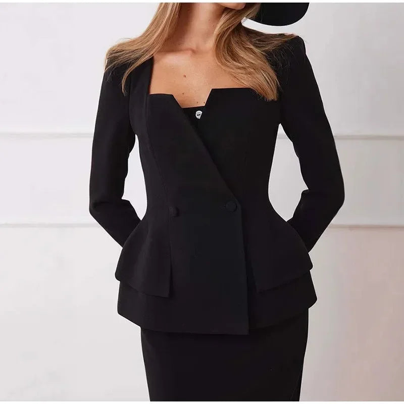 Elegant Blazer Breasted Square Collar Jacket And Midi Skirt