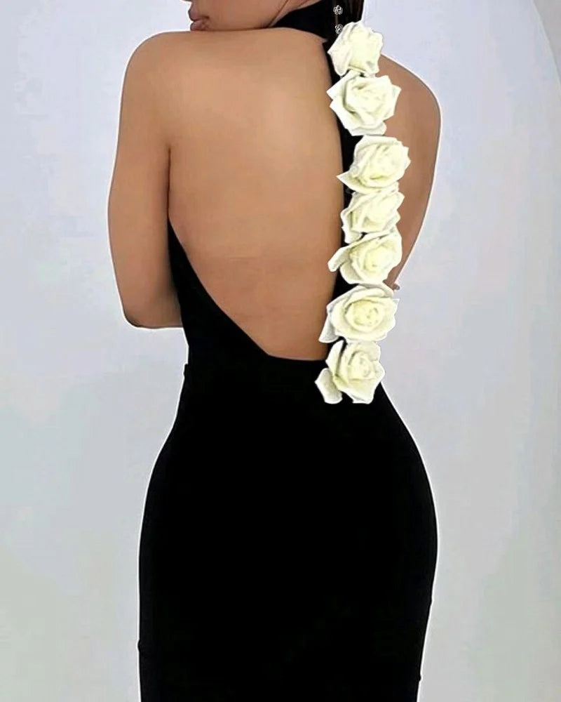Elegant Rose Mock Neck Backless Bodycon Dress