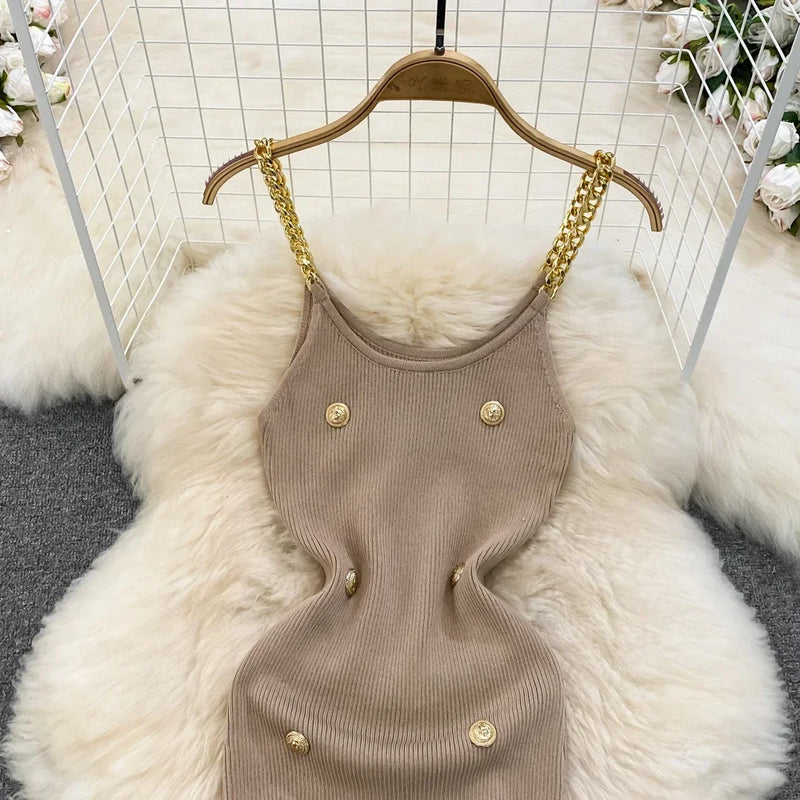Casual Chain Slip Sleeveless Elastic Knit Bodycon Dress