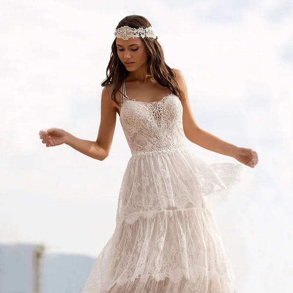 Tiered Lace Spaghetti Straps Bridal Dress