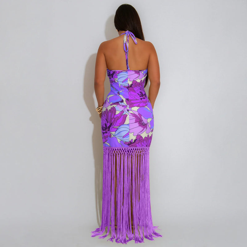Tassel Tierred Strap Print Backless Maxi Long Dress