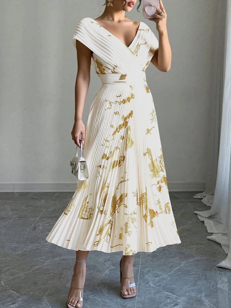 Elegant Pleated Directional Short Sleeve V-Neck A Line Midi Dress