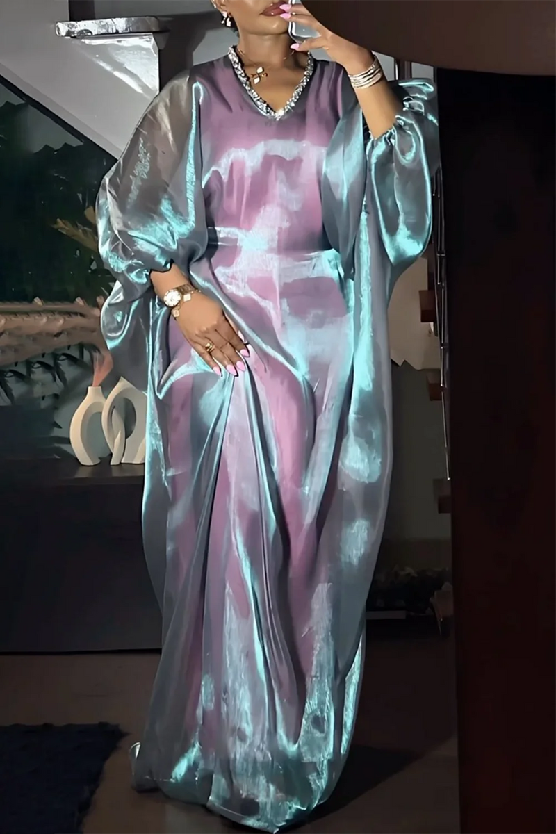 Green Glitter V Neck Lantern Sleeve Abaya Long Dress
