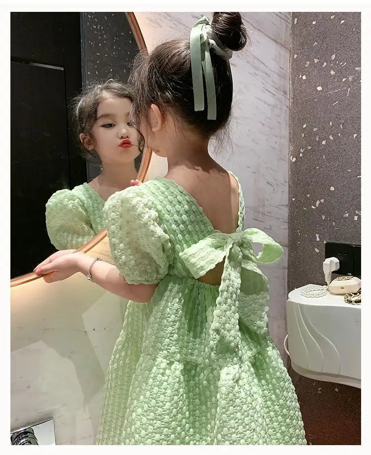 Short Sleeve Open Back Bow Princess Dress