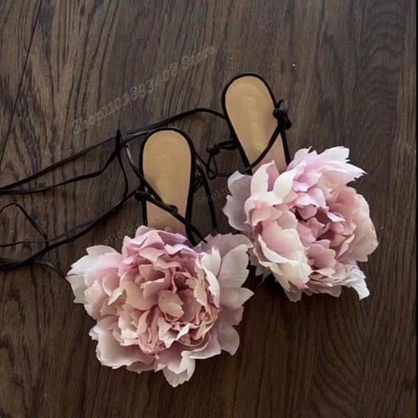 Black Big Rose Flower Sandals Lace-up High Heel
