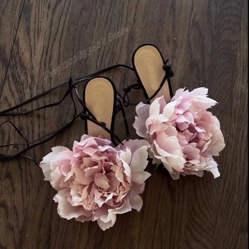 Black Big Rose Flower Sandals Lace-up High Heel