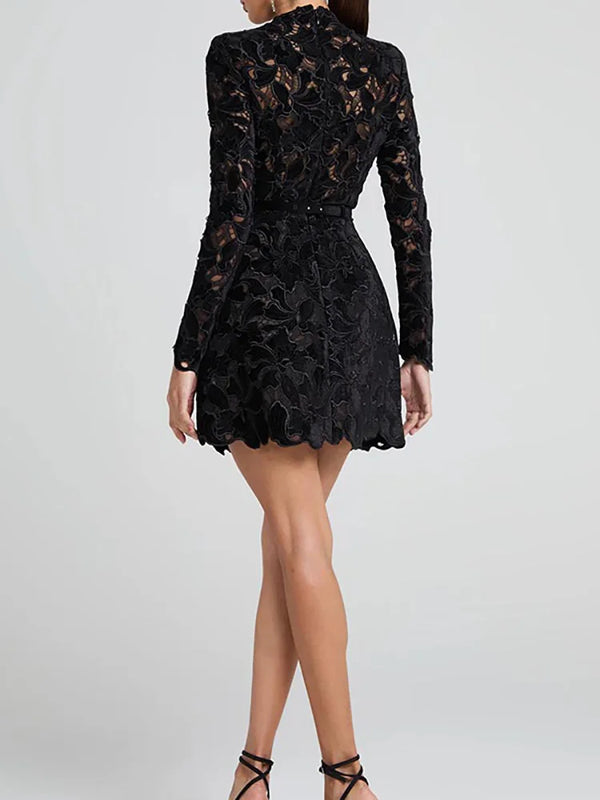 Hollow Out Mini Long Sleeve O Neck Dress