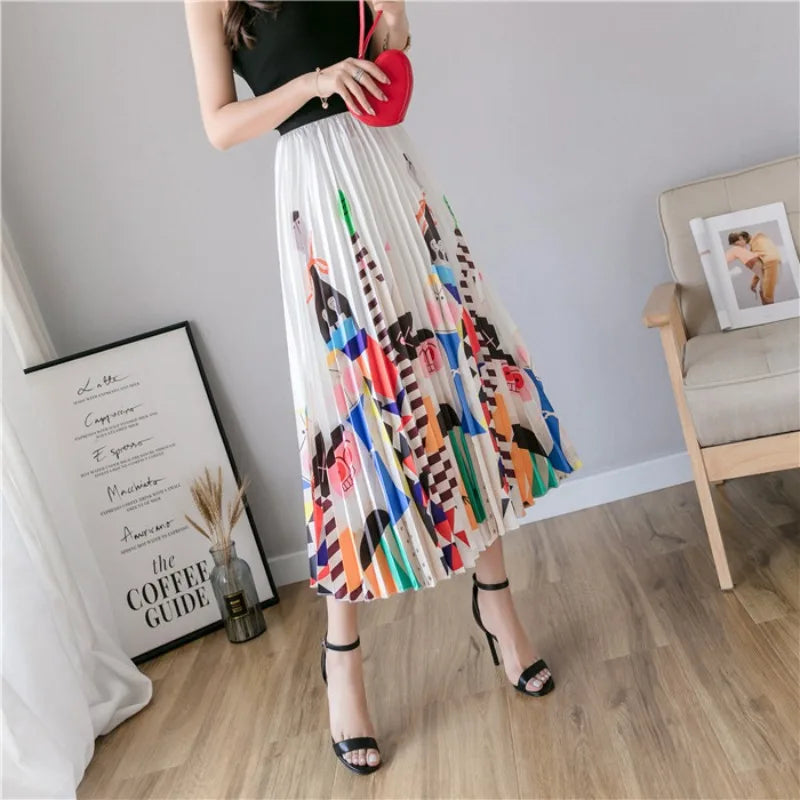 Cartoon Print Pleated Long High Waist A-Line Elastic Blue Pink Skirt