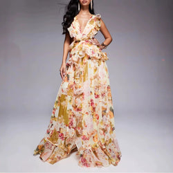 V Neck Sleeveless High Waist Ruffles French Dress
