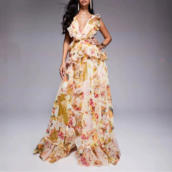V Neck Sleeveless High Waist Ruffles French Dress