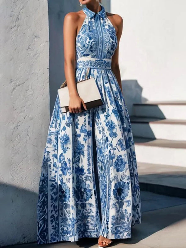 Floral Dress Lapel Collar Sleeveless High Waist
