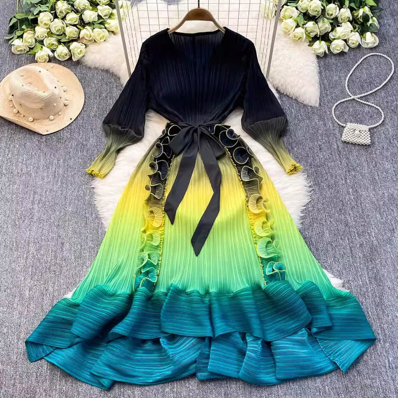 Ruffles Splice Gradient Color Pleated Dresses