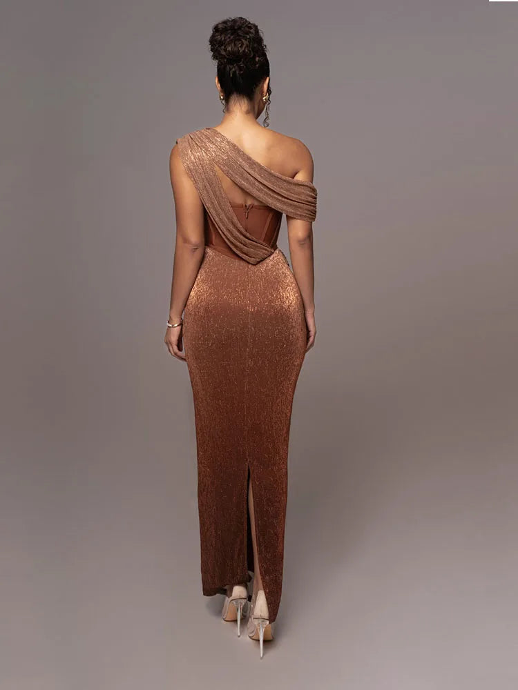 One Shoulder Draped Glitter Corset Sparkly Backless Bodycon Dress