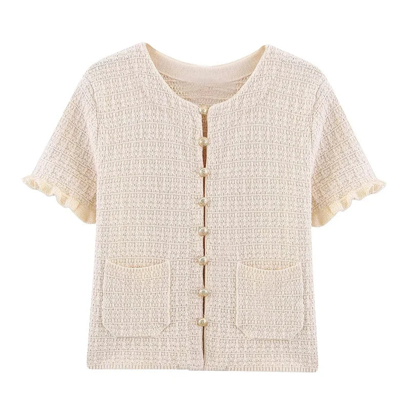 Elegant Ruffle Sleeve O Neck Wave Cut Chic