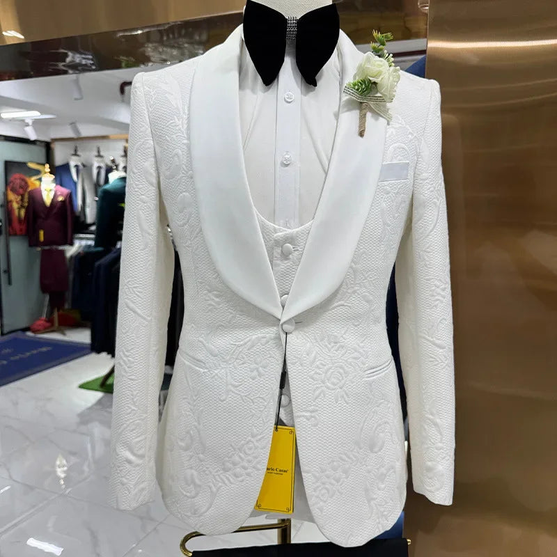 Wedding Suits White Jacquard with Black Satin