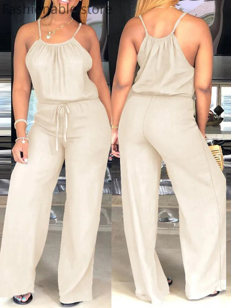 Women Casual Solid Spaghetti Strap Drawstring Jumpsuit