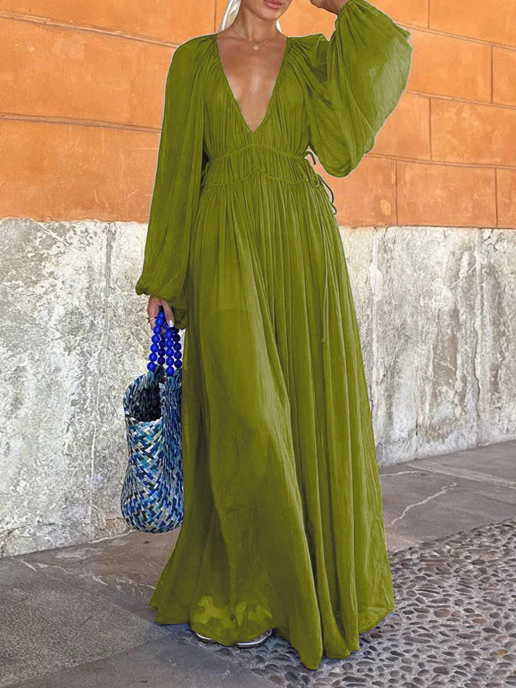 Summer Long Sleeve Deep V-Neck Elegant Dress