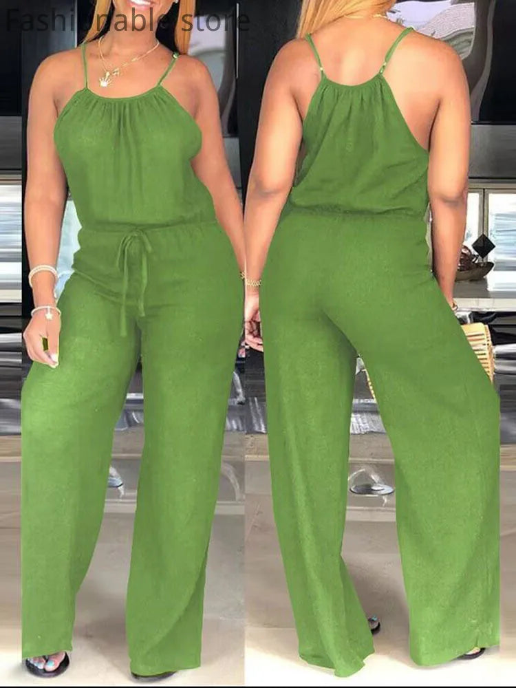 Women Casual Solid Spaghetti Strap Drawstring Jumpsuit