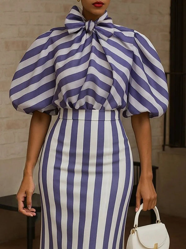 Striped High Waist Long Skirt Puff Sleeves Bow Puff Sleeves Shirts