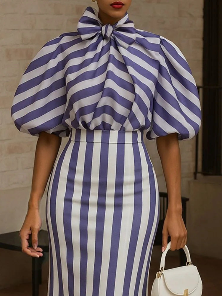 Striped High Waist Long Skirt Puff Sleeves Bow Puff Sleeves Shirts
