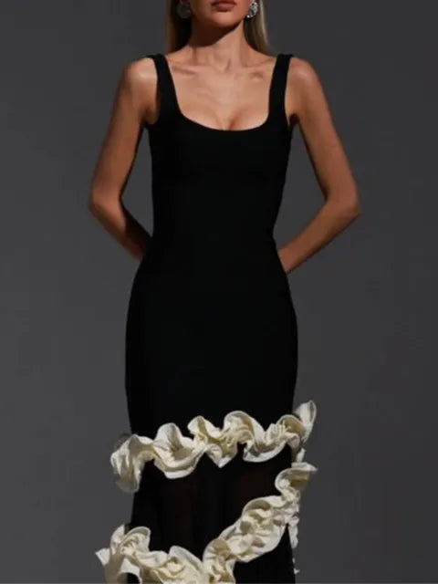 Square Neck Sleeveless Mesh Ruffle Trim Bodycon Dress with Train