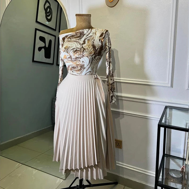 Elegant Pleated Irregular High Waist Buckle Mid-length A-line Skirts