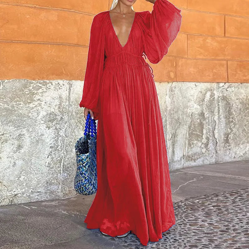 Summer Long Sleeve Deep V-Neck Elegant Dress