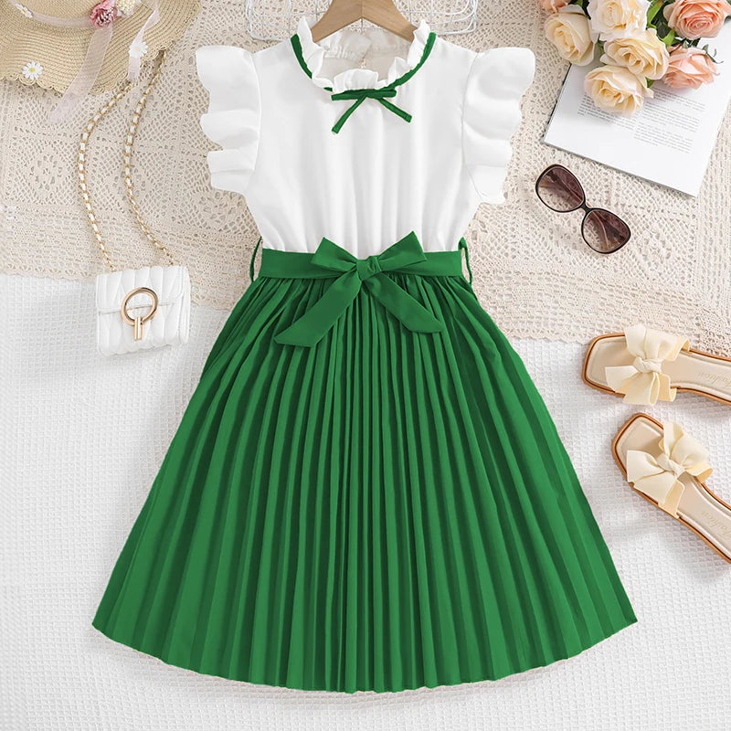 Elegant White Petal Sleeves Pleated Khaki Skirt &Bow tie Preppy