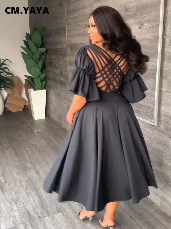 Vintage Criss Cross Open Back Lantern Half Sleeve V-neck Dress