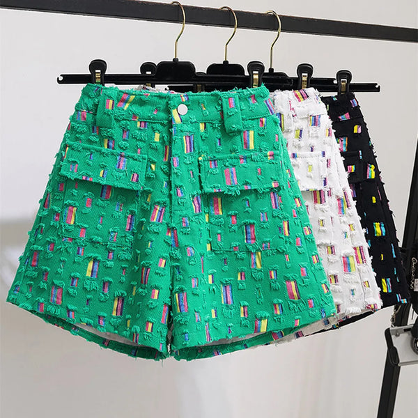 Denim High Waist Worn Loose Burr Hole Shorts