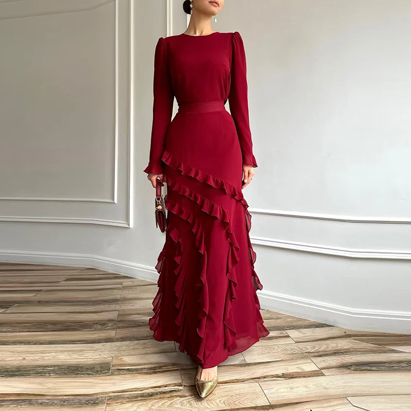 Elegant Summer New Pure Set Sexy O-neck Long Sleeve Tops Ruffles