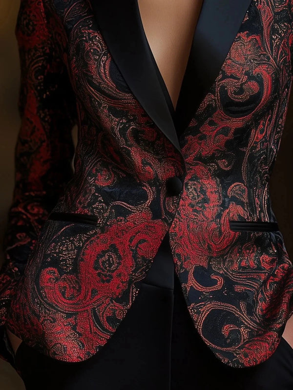 Elegant Chic Vintage Floral Print Turndown Collar Slim Waist Pocket Decor Long Sleeves Blazers