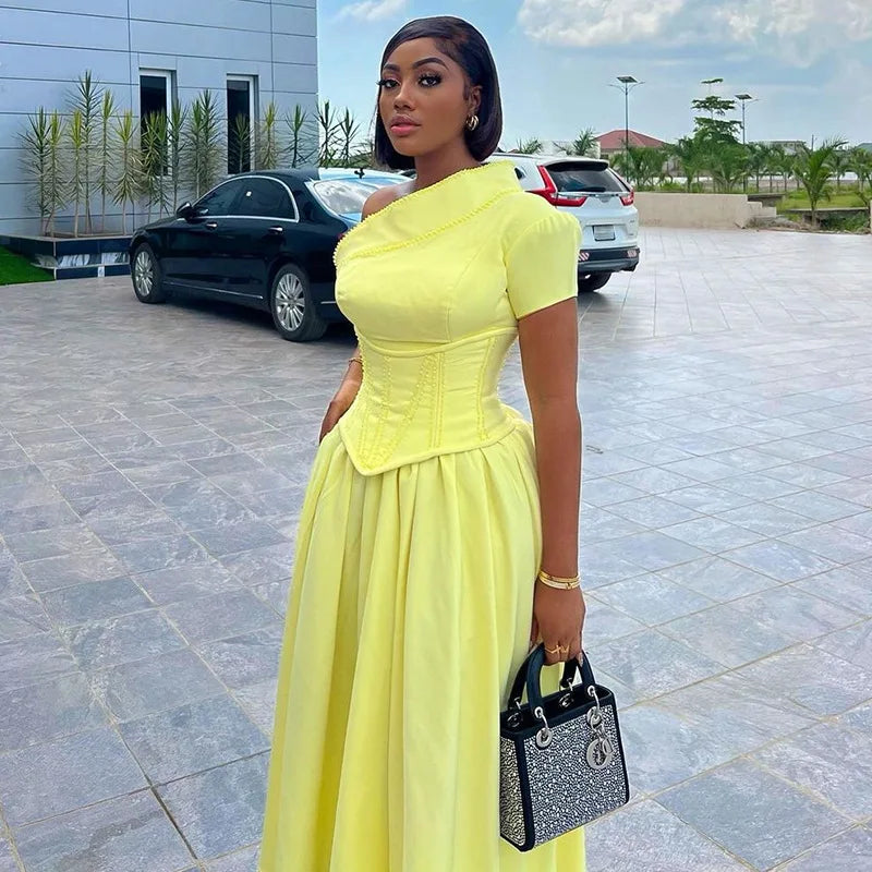 Elegant Ruched One Shoulder Lace Up Maxi Long Dress
