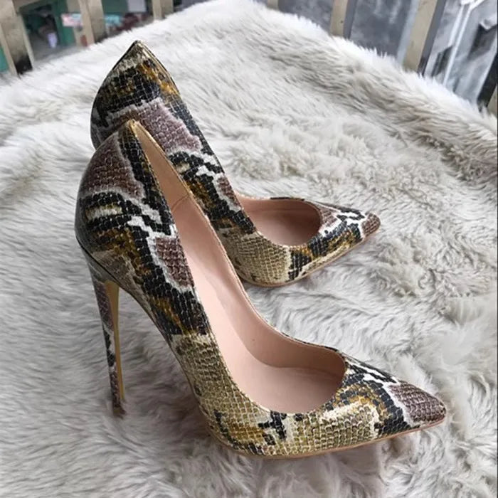 Pointed High Heel Pumps Snakeskin Pattern Shallow