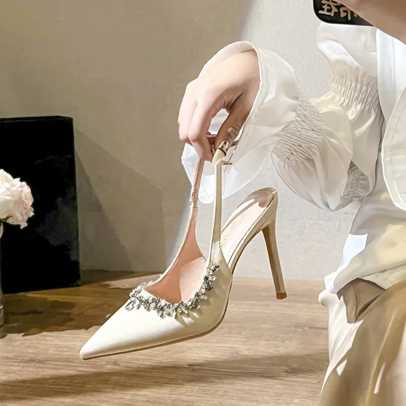 Rhinestone Satin Pointed Toe High Heel Sandals