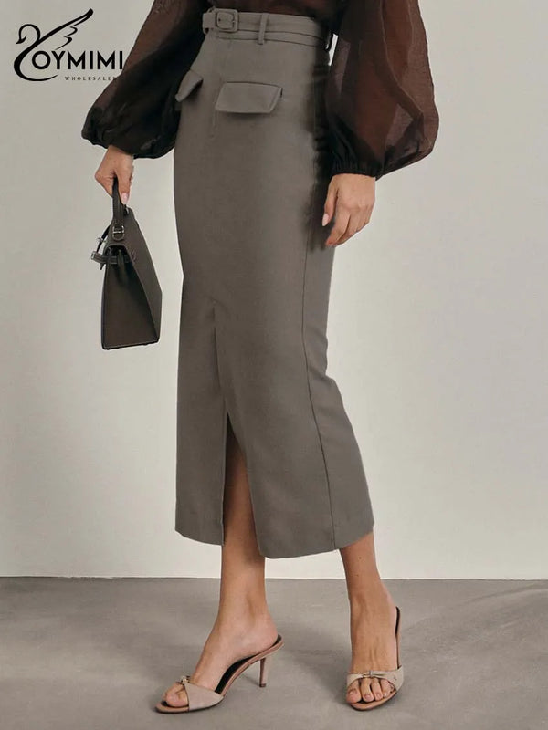 Elegant High Waisted Zipper Casual Pocket Straight Mid-Calf Skirt